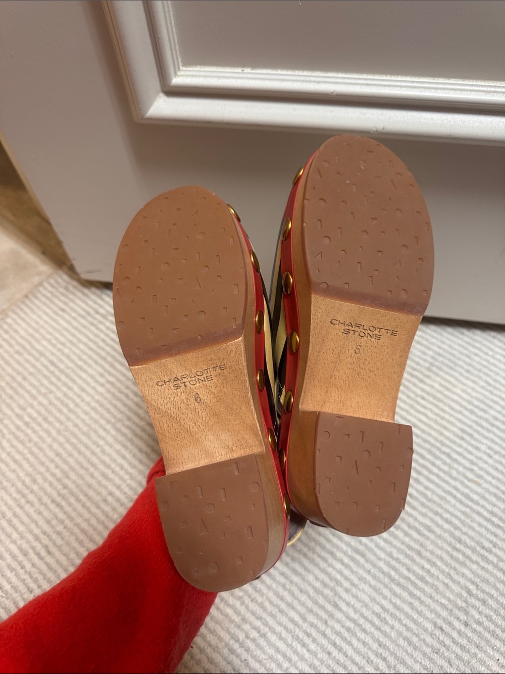Charlotte Stone Cream & Black Striped Slingback Clogs Red Leather Gold Studs - Picture 6 of 8